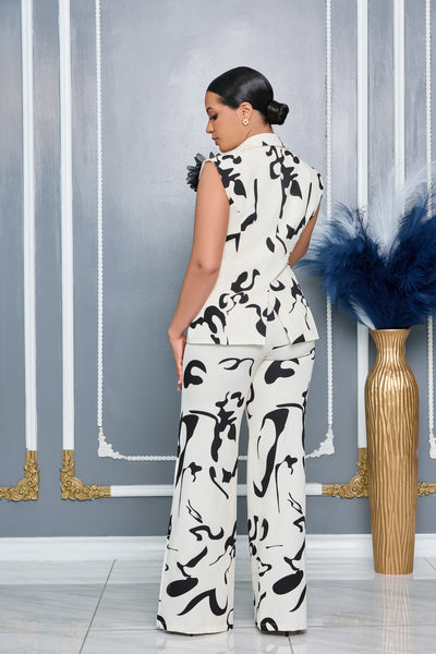 ABSTRACT RPINT SLEEVELESS BLAZER AND PANTS SET