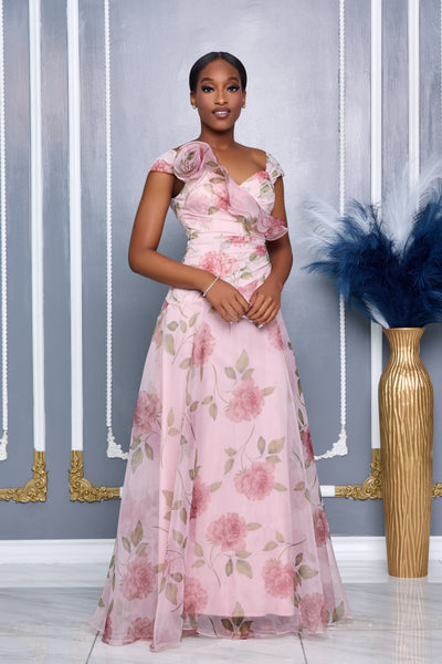 FLORAL PRINT FLOWER CORSAGE DETAIL MAXI DRESS  (PINK MULTI)
