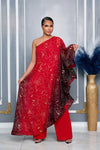 ELEGANCE CAPE ONE SHOULDER WIDE LEG JUMPSUIT (RED MULTI)