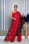 ELEGANCE CAPE ONE SHOULDER WIDE LEG JUMPSUIT (RED MULTI)