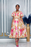 FLORAL BUTTON DOWN PUFF SHORT SLEEVE MIDI DRESS