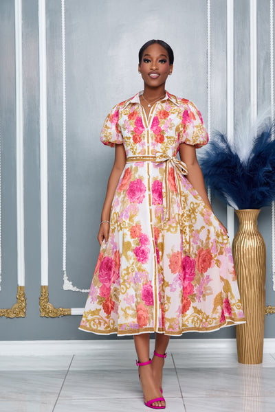 FLORAL BUTTON DOWN PUFF SHORT SLEEVE MIDI DRESS