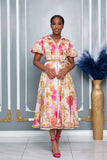 FLORAL BUTTON DOWN PUFF SHORT SLEEVE MIDI DRESS