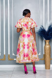 FLORAL BUTTON DOWN PUFF SHORT SLEEVE MIDI DRESS