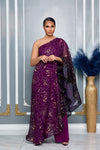 ELEGANCE CAPE ONE SHOULDER WIDE LEG JUMPSUIT (PURPLE MULTI)