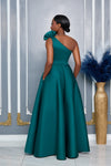 SINGLE SHOULDER 3D FLOWER DETAIL RUFFLE TRIM MAXI DRESS (GREEN)