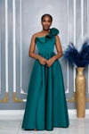 SINGLE SHOULDER 3D FLOWER DETAIL RUFFLE TRIM MAXI DRESS (GREEN)