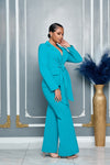 FRONT TIE JACKET AND FLARE PANTS SET (TURQUOISE)