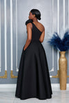 SINGLE SHOULDER 3D FLOWER DETAIL RUFFLE TRIM MAXI DRESS (BLACK)
