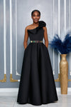 SINGLE SHOULDER 3D FLOWER DETAIL RUFFLE TRIM MAXI DRESS (BLACK)