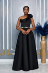 SINGLE SHOULDER 3D FLOWER DETAIL RUFFLE TRIM MAXI DRESS (BLACK)