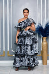 ONE SHOULDER PEPLUM TOP AND TIERED RUFFLED MAXI SKIRT SET