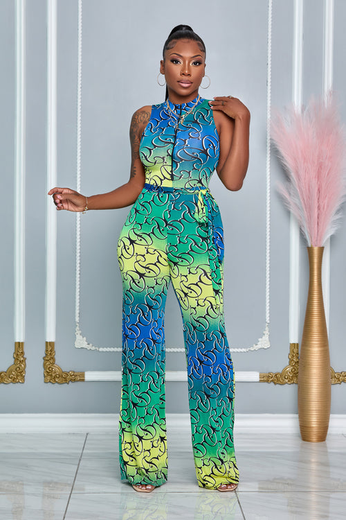 ZIP ME UP WIDE LEG STRETCHY JUMPSUIT (GREEN MULTI)