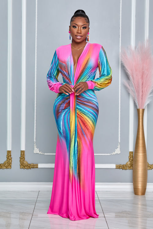 PEACOCK LONG SLEEVES DEEP V-NECK MAXI DRESS (PINK MULTI)