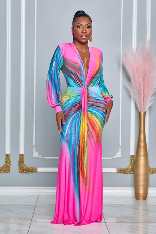 PEACOCK LONG SLEEVES DEEP V-NECK MAXI DRESS (PINK MULTI)