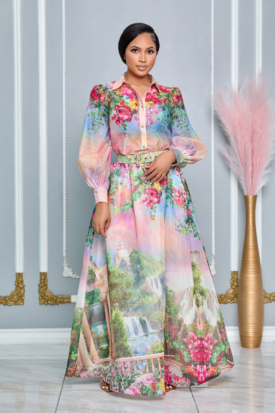 TROPICAL PARADISE COLLARED TOP AND MAXI SKIRT SET (MULTI)