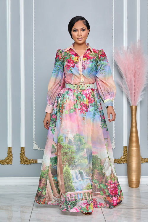 TROPICAL PARADISE COLLARED TOP AND MAXI SKIRT SET (MULTI)