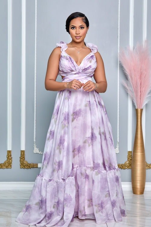 ORGANZA FLORAL PRINTED DRAPE RUFFLE MAXI DRESS (LAVENDER)