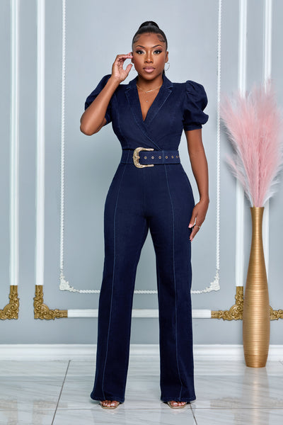 COLLAR SHORT PUFF SLEEVE BELT TIE DENIM JUMPSUIT (DENIM BLUE)