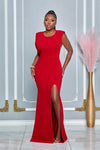 RHINESTONE FRINGE OPEN BACK ROUND NECK MAXI DRESS (RED)