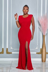 RHINESTONE FRINGE OPEN BACK ROUND NECK MAXI DRESS (RED)