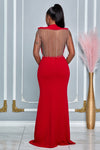 RHINESTONE FRINGE OPEN BACK ROUND NECK MAXI DRESS (RED)