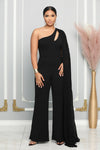 ONE SHOULDER CUT OUT WITH PLEATS LAYER JUMPSUIT (BLACK)