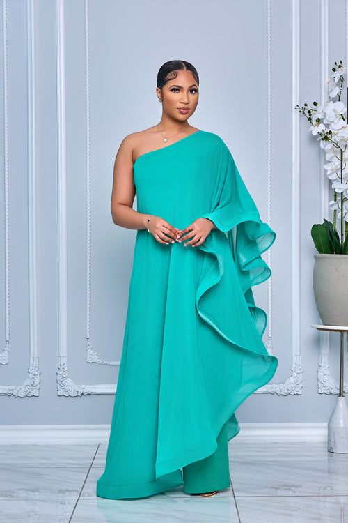 ELEGANCE CAPE ONE SHOULDER WIDE LEG JUMPSUIT (MINT)