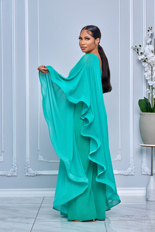 ELEGANCE CAPE ONE SHOULDER WIDE LEG JUMPSUIT (MINT)
