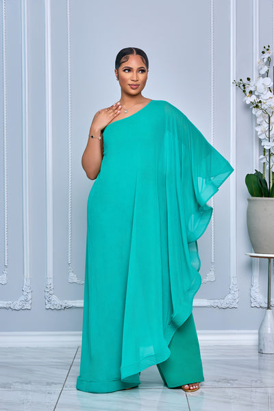 ELEGANCE CAPE ONE SHOULDER WIDE LEG JUMPSUIT (MINT)