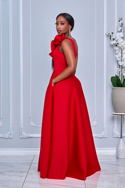 SINGLE SHOULDER 3D FLOWER DETAIL RUFFLE TRIM MAXI DRESS (RED)
