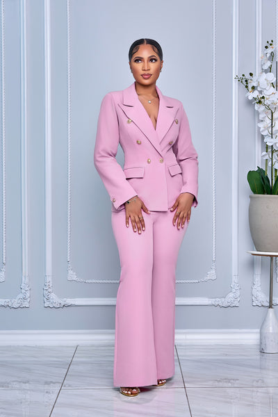 DOUBLE-BREASTED BLAZER WITH MATCHING PANTS SET (PINK)