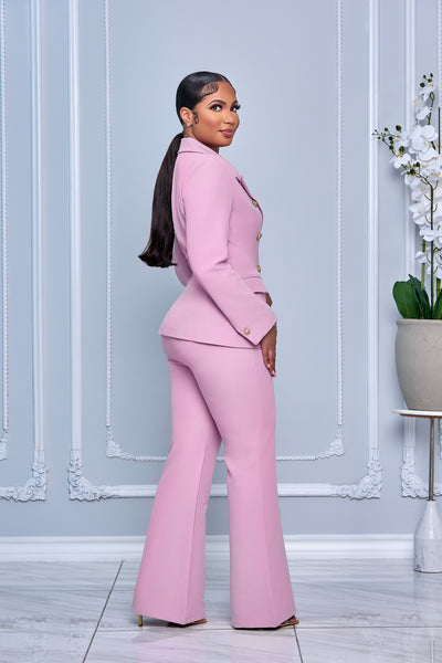 DOUBLE-BREASTED BLAZER WITH MATCHING PANTS SET (PINK)