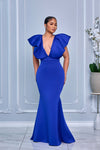 DRAMATIC SHOULDER DEEP V NECKLINE MERMAID MAXI DRESS (ROYAL BLUE)