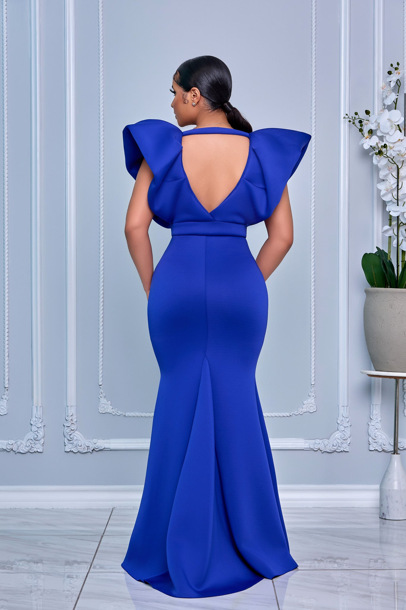 DRAMATIC SHOULDER DEEP V NECKLINE MERMAID MAXI DRESS (ROYAL BLUE