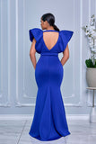 DRAMATIC SHOULDER DEEP V NECKLINE MERMAID MAXI DRESS (ROYAL BLUE)