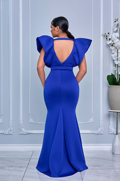 DRAMATIC SHOULDER DEEP V NECKLINE MERMAID MAXI DRESS (ROYAL BLUE)