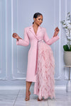TUXEDO JACKET-DRESS WITH SIDE GLAM CASCADE RUFFLE (BLUSH)