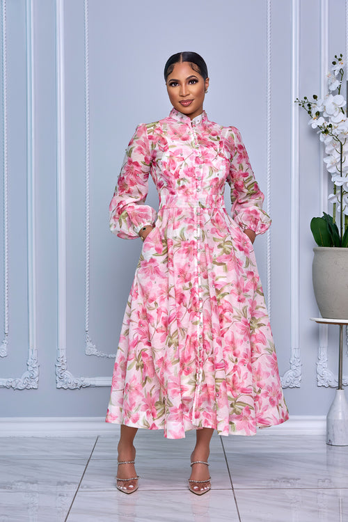 RHINESTONE EMBELLISHED BUTTON DOWN A-LINE DRESS