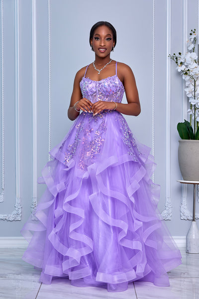 HEART NECKLINE SPAGHETTI STRAPS BEADED SEQUIN TULLE DRESS (LAVENDER)