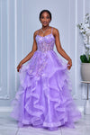 HEART NECKLINE SPAGHETTI STRAPS BEADED SEQUIN TULLE DRESS (LAVENDER)