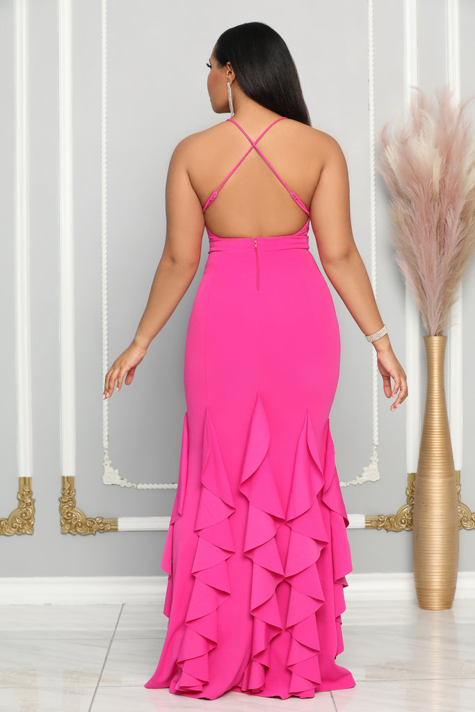 CASCADING RIBBONS BOTTOM OPEN BACK MAXI DRESS (HOT PINK) Dress Code