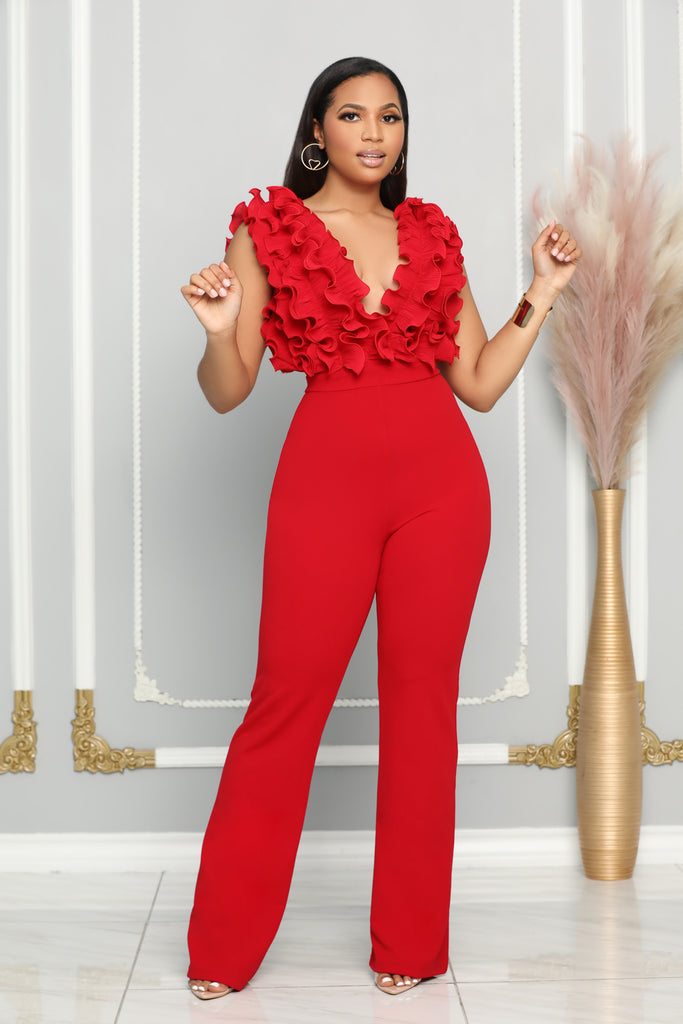 MESH RUFFLE TOP DEEP V-NECK JUMPSUIT (RED) – Dress Code Chic Official