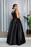 ELEGANCE V-NECK BELTED MAXI DRESS WITH POCKETS (BLACK)