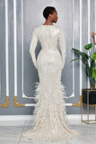 OSTRICH FEATHER BOTTOM CASCADE SEQUIN GOWN (CHAMPAGNE)