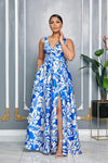 BLUE HAWAIIAN V-NECK BELTED MAXI DRESS (WHITE/BLUE)