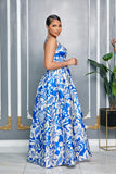 BLUE HAWAIIAN V-NECK BELTED MAXI DRESS (WHITE/BLUE)