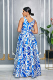 BLUE HAWAIIAN V-NECK BELTED MAXI DRESS (WHITE/BLUE)