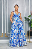 BLUE HAWAIIAN V-NECK BELTED MAXI DRESS (WHITE/BLUE)