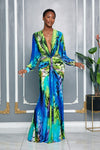 GREEN-BLUE MULTI LONG SLEEVES DEEP V-NECK MAXI DRESS